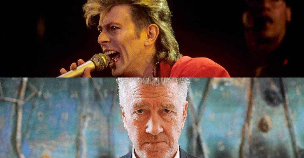 Montagem vertical mostrando o cantor David Bowie em um show na parte superior e o cineasta David Lynch em um close frontal na parte inferior.
